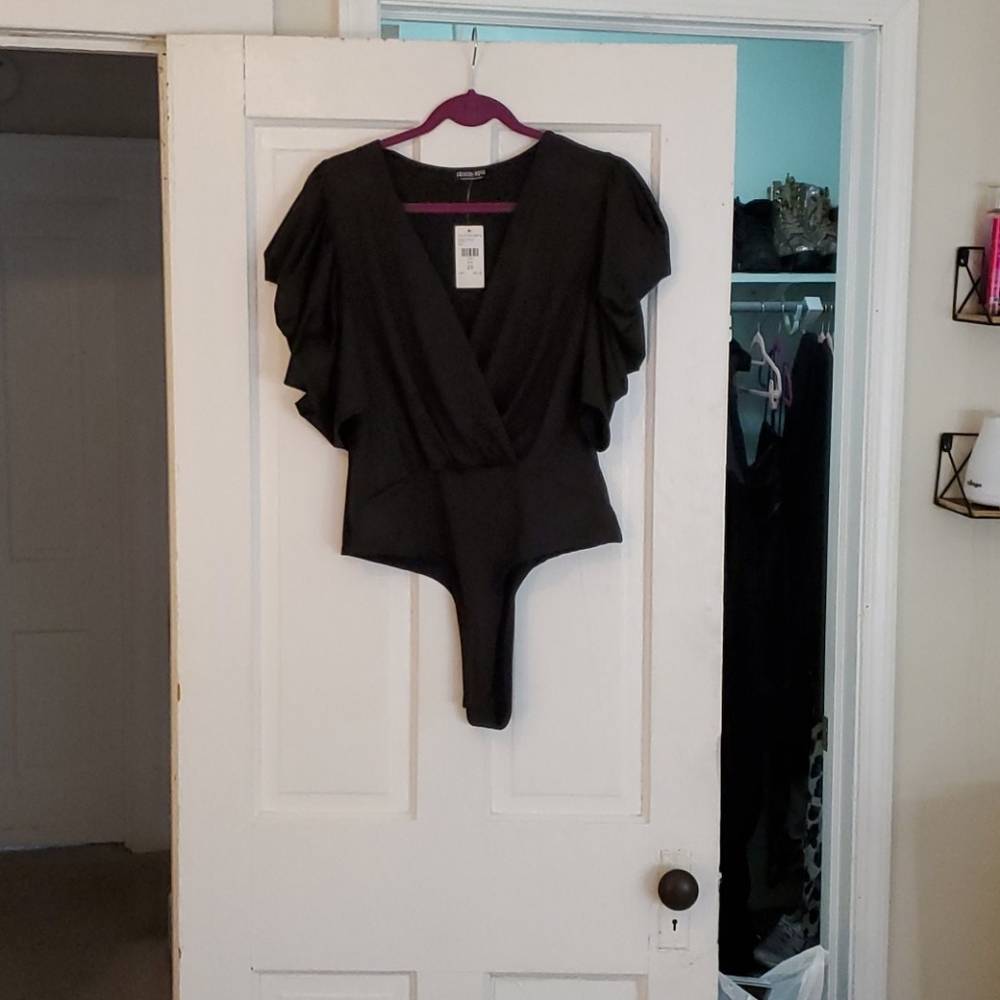 Puffy sleeve wrap black body suit